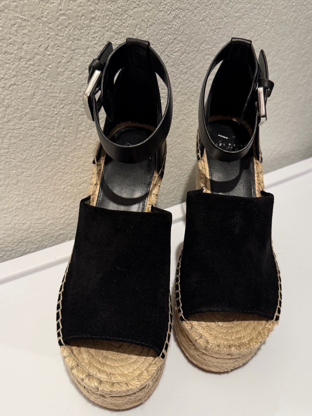 NWOT Marc Fisher Black Suede Espadrille Wedge Adalyn Sandals with Ankle Strap - Picture 2 of 6